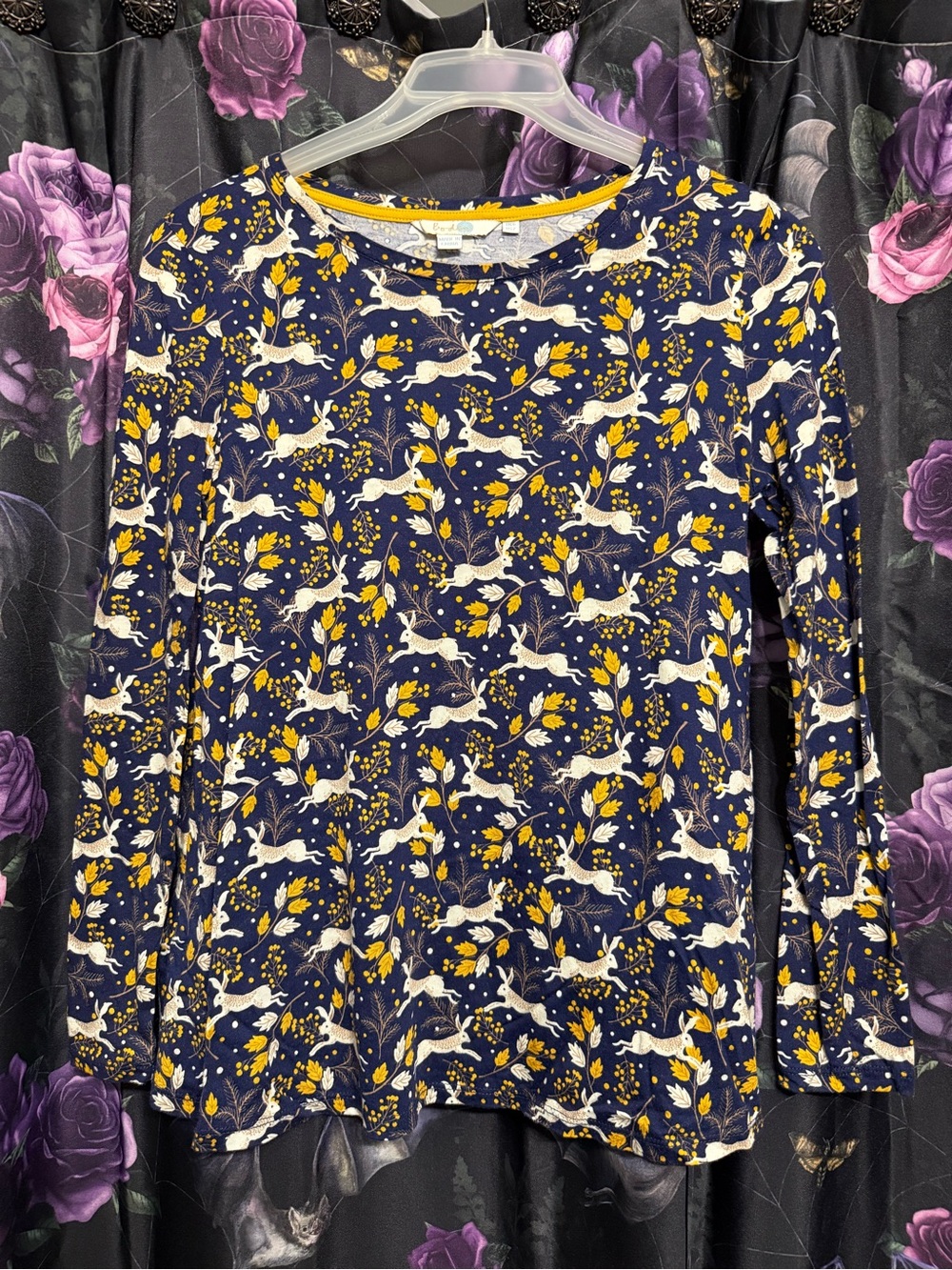 Boden Navy Floral & Hare Print Long-Sleeve Top